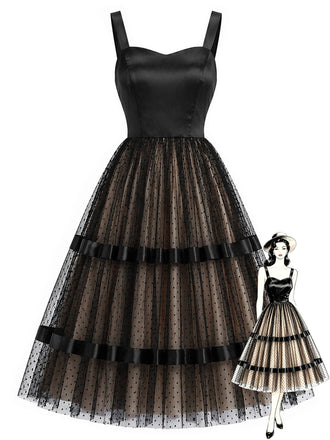 50er Kleid mit Satin-Patchwork und Tüll
