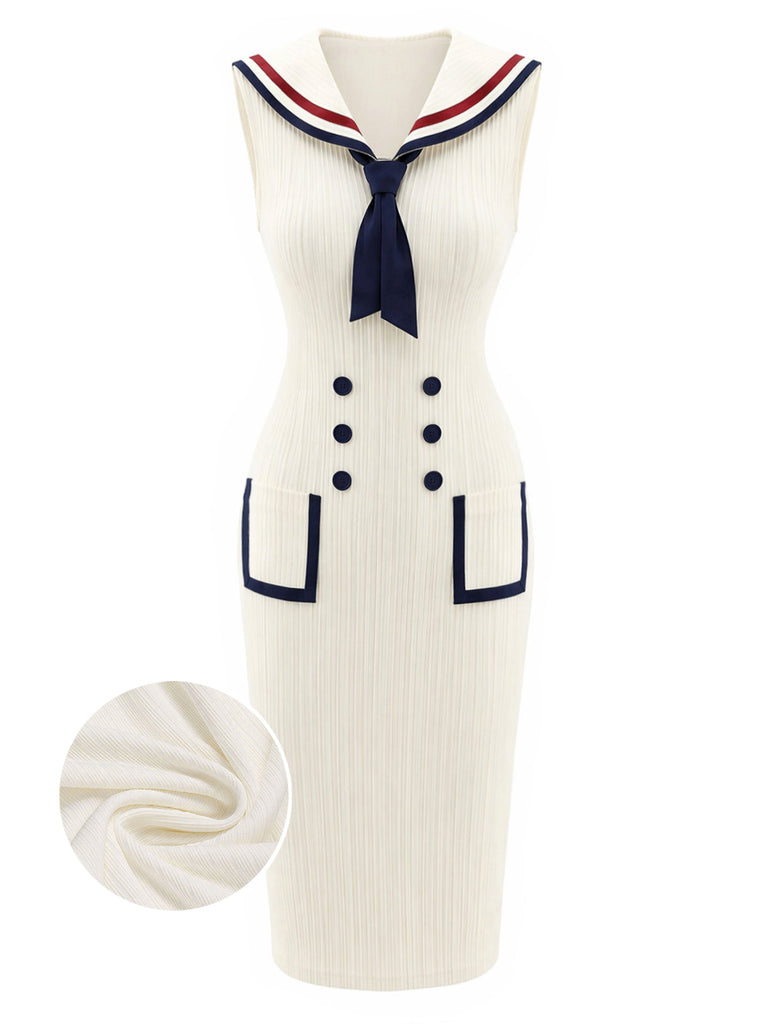 Cremefarbenes 60er Sailor Strick-Kleid mit gerippt und Tasche