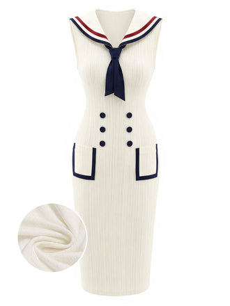Cremefarbenes 60er Sailor Strick-Kleid mit gerippt und Tasche