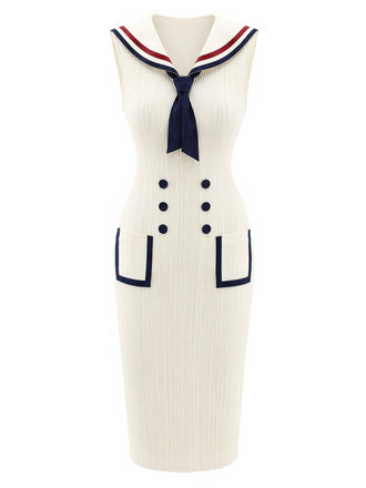 Cremefarbenes 60er Sailor Strick-Kleid mit gerippt und Tasche