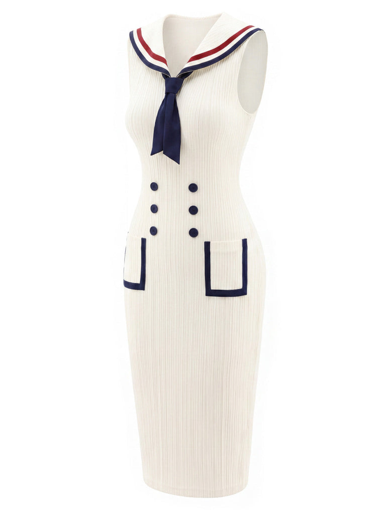 Cremefarbenes 60er Sailor Strick-Kleid mit gerippt und Tasche