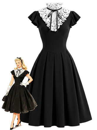 Schwarzes 50er Kleid mit Polka-Dots und Rüschen