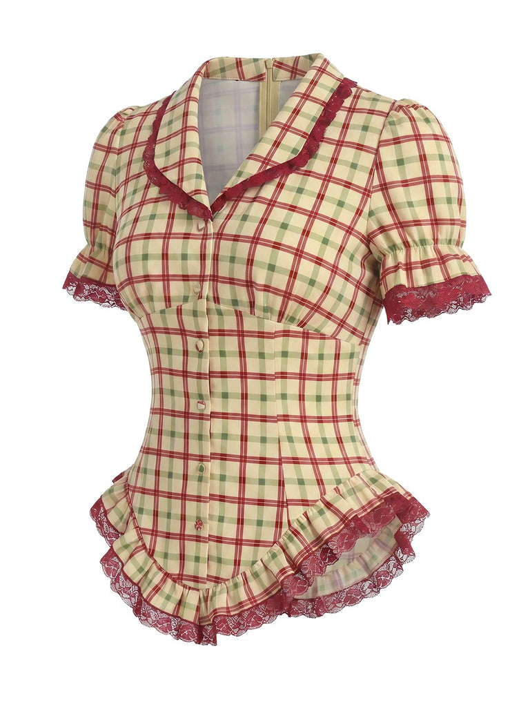 [Pre-Sale] Champagne 1940s Plaid Lace V Neck Two Piece Set 6