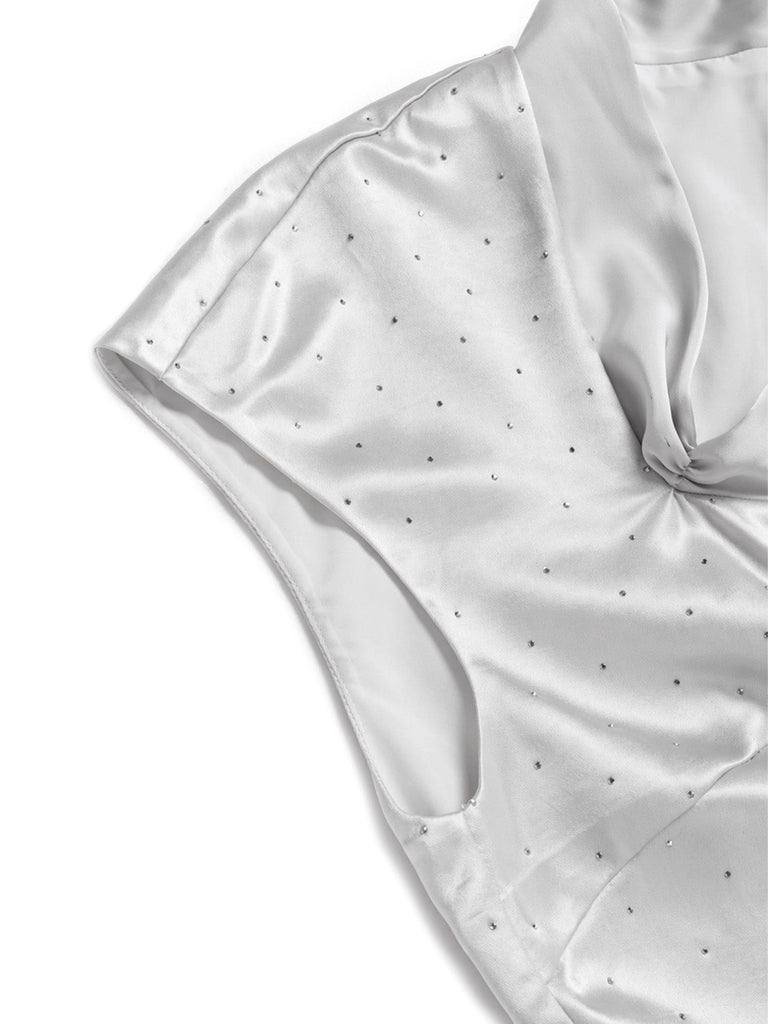 Graues 60er Satin-Bleistiftkleid mit Strass