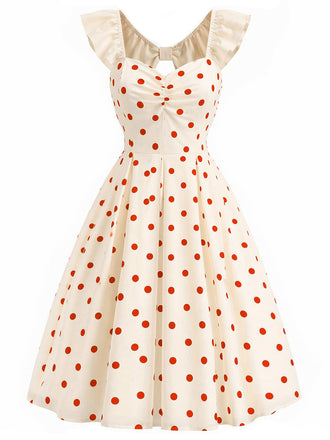 Creme & Rotes 50er Kleid mit Polka-Dots