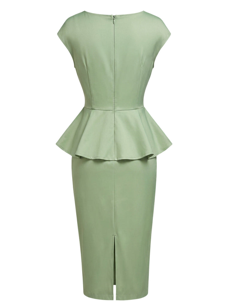 Grünes 60er Bleistiftkleid mit Rundhals und Schleife