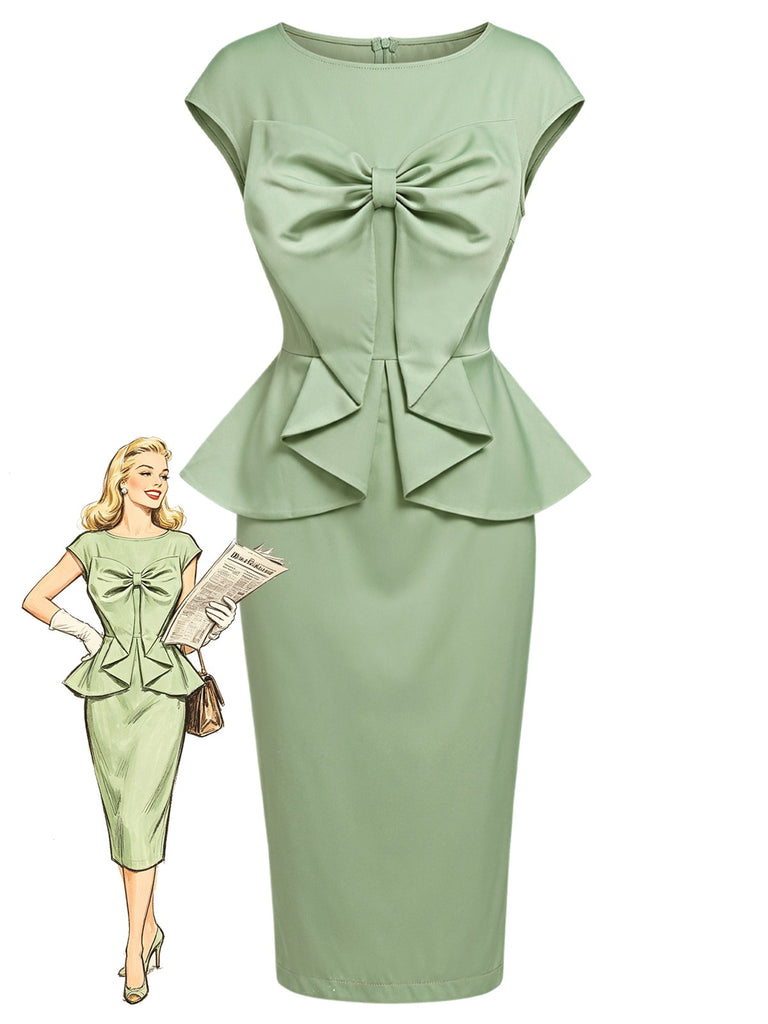 [Vorverkauf] Grünes 60er Bleistiftkleid mit Rundhals und Schleife