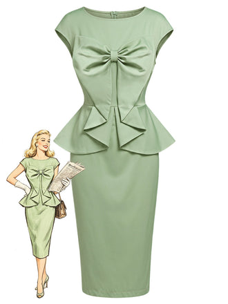 [Vorverkauf] Grünes 60er Bleistiftkleid mit Rundhals und Schleife
