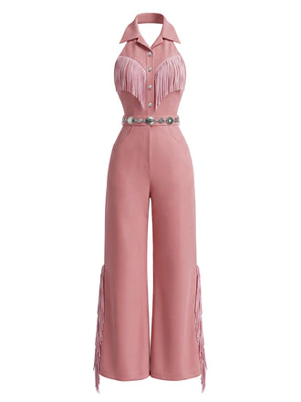 Rosa 70er Jumpsuit mit Neckholder und Reverskragen