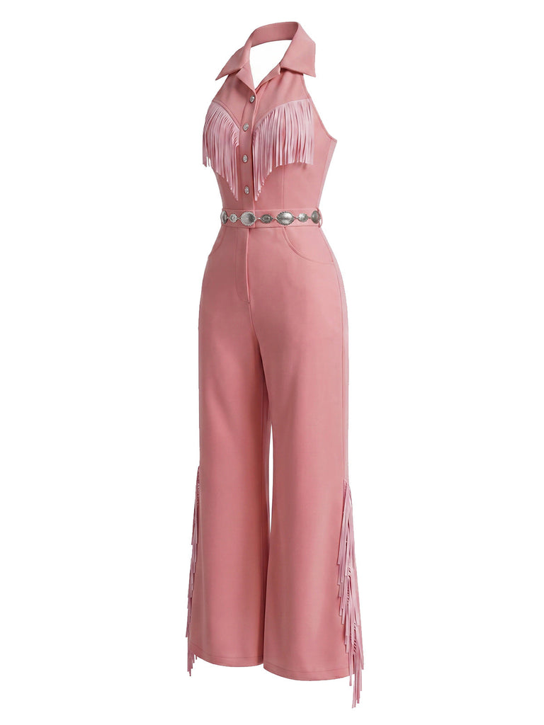 Rosa 70er Jumpsuit mit Neckholder und Reverskragen