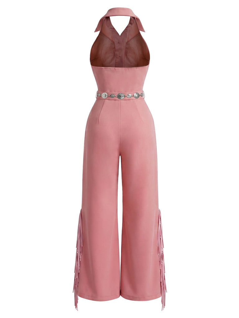Rosa 70er Jumpsuit mit Neckholder und Reverskragen