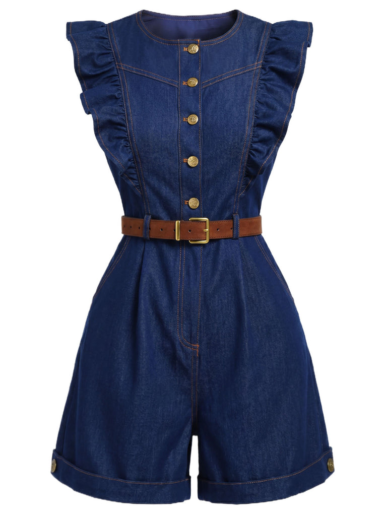 Dunkelblauer 70er Jeans-Romper mit Rundhals und Rüschen