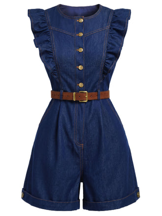 Dunkelblauer 70er Jeans-Romper mit Rundhals und Rüschen
