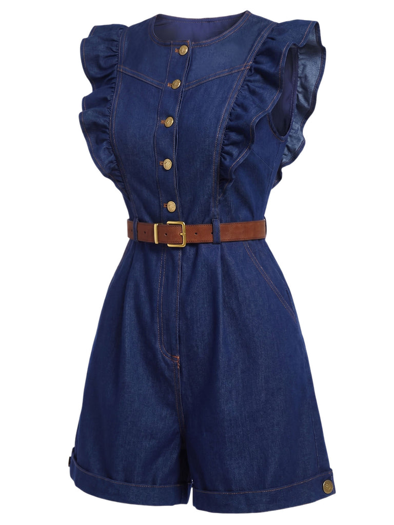 Dunkelblauer 70er Jeans-Romper mit Rundhals und Rüschen