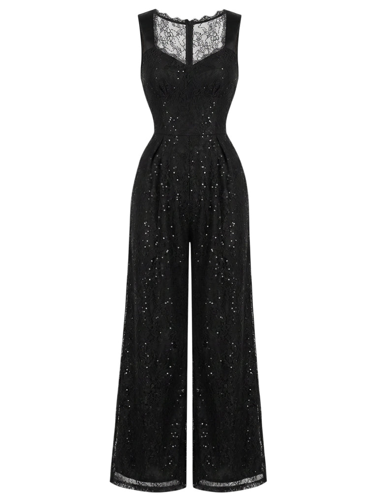 Schwarzer 60er Jumpsuit mit Herzausschnitt und Pailletten