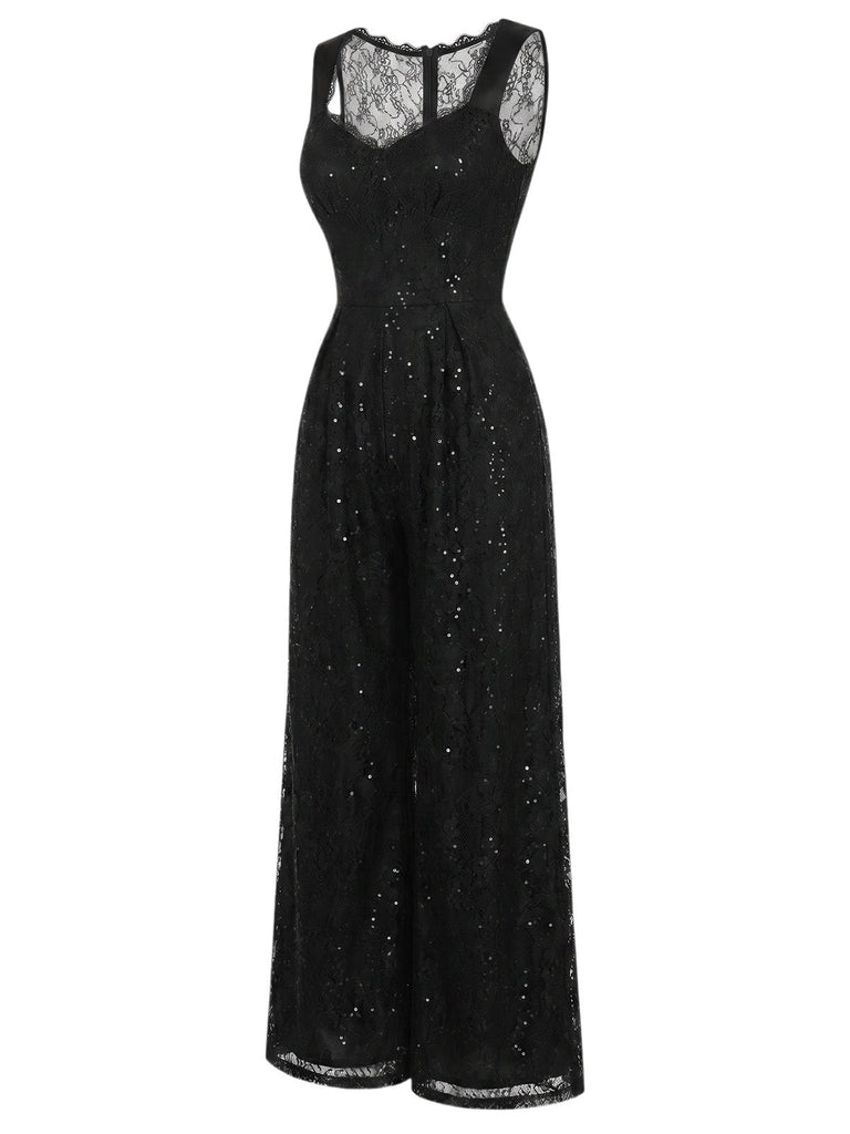 Schwarzer 60er Jumpsuit mit Herzausschnitt und Pailletten