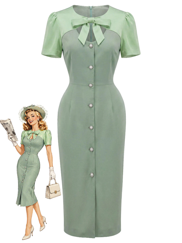 Grünes 60er Bleistiftkleid mit Schleife und Farbblock