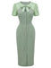 Grünes 60er Bleistiftkleid mit Schleife und Farbblock