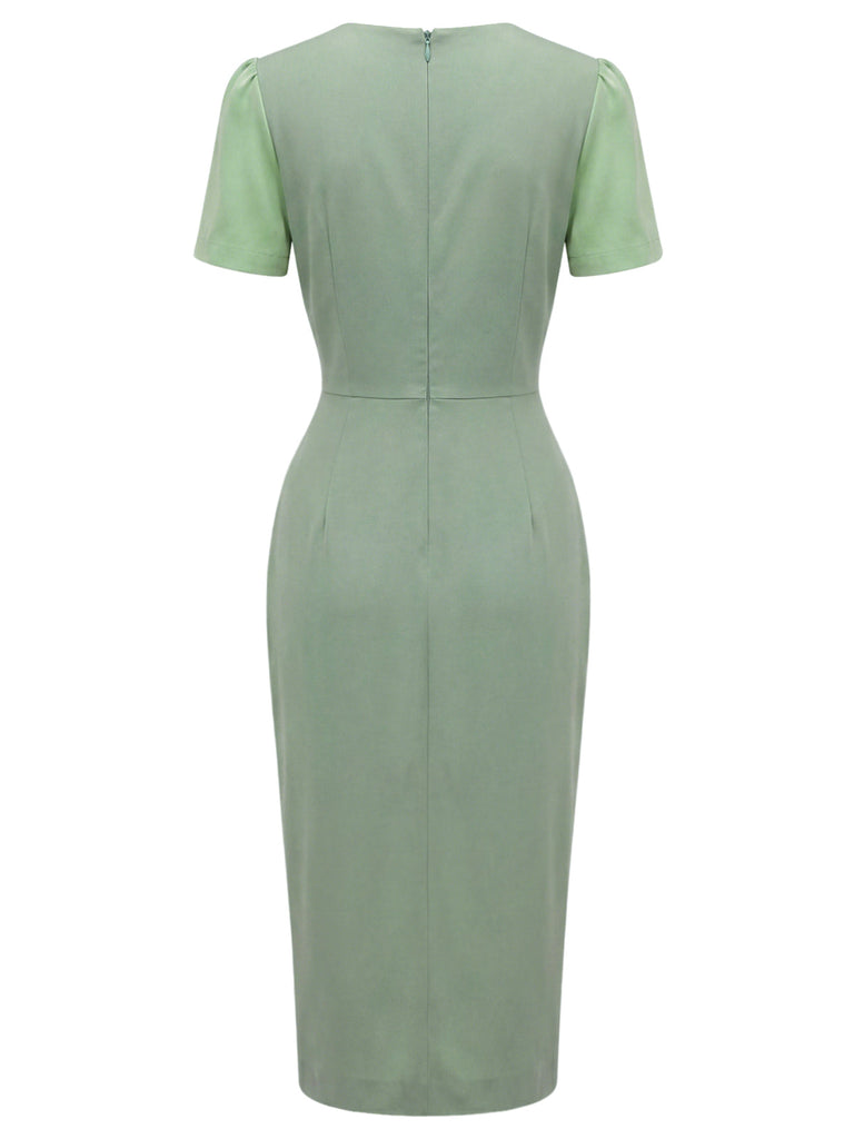 Grünes 60er Bleistiftkleid mit Schleife und Farbblock