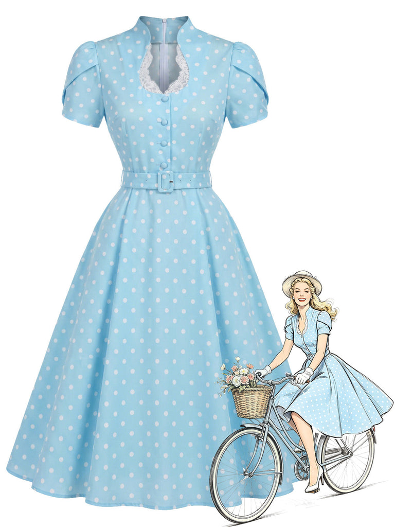 Blaues 50er Kleid mit Tulpenärmel und Polka-Dots
