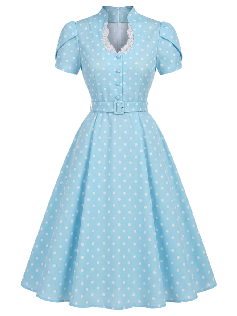 Blaues 50er Kleid mit Tulpenärmel und Polka-Dots
