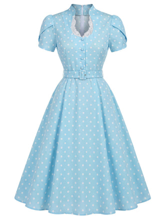 Blaues 50er Kleid mit Tulpenärmel und Polka-Dots
