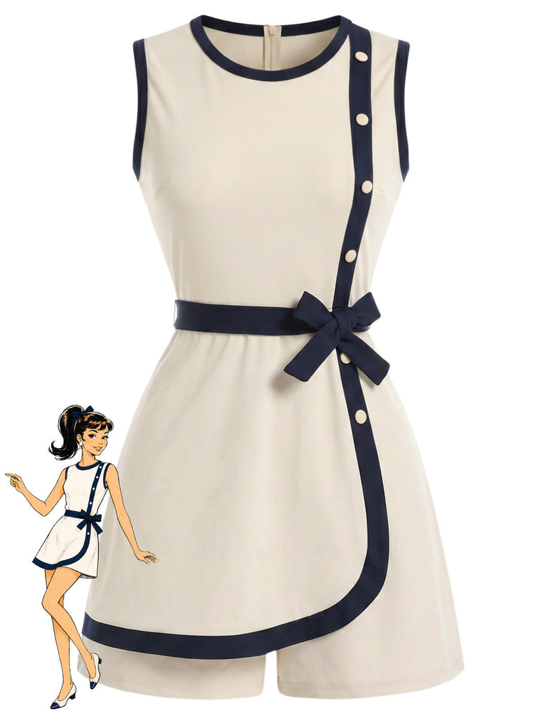 Beige 70er Romper mit Schleife und Besatz