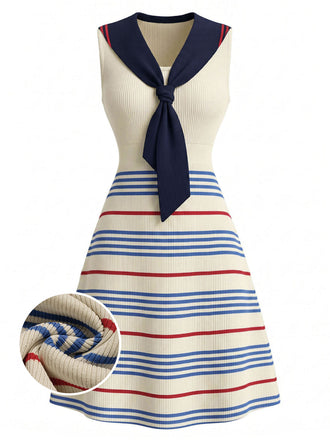 Cremefarbenes 70er Sailor Strick-Kleid mit Streifen