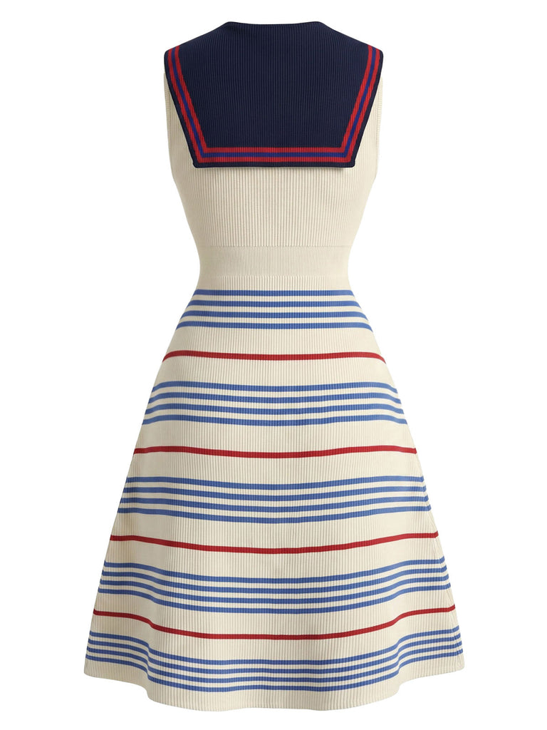 Cremefarbenes 70er Sailor Strick-Kleid mit Streifen