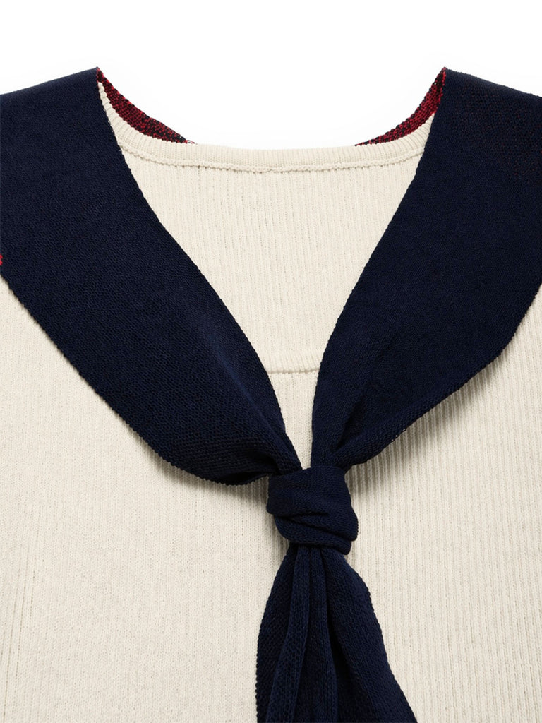 Cremefarbenes 70er Sailor Strick-Kleid mit Streifen