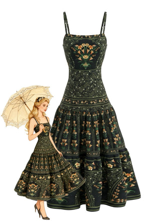 Dunkelgrünes 70er Maxikleid mit Spaghettiträger und Blumen