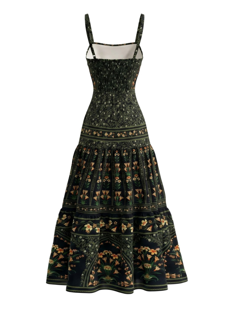 Dunkelgrünes 70er Maxikleid mit Spaghettiträger und Blumen