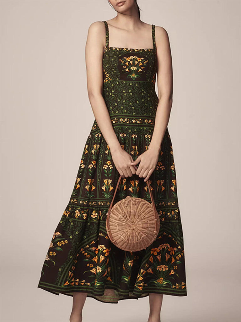 Dunkelgrünes 70er Maxikleid mit Spaghettiträger und Blumen
