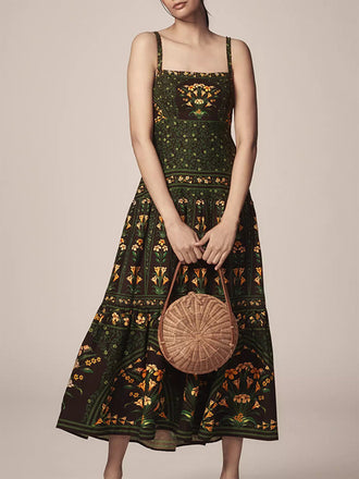 Dunkelgrünes 70er Maxikleid mit Spaghettiträger und Blumen