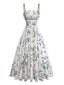 Weißes & Grünes 50er Midikleid mit Botanical-Print und Spaghettiträgern