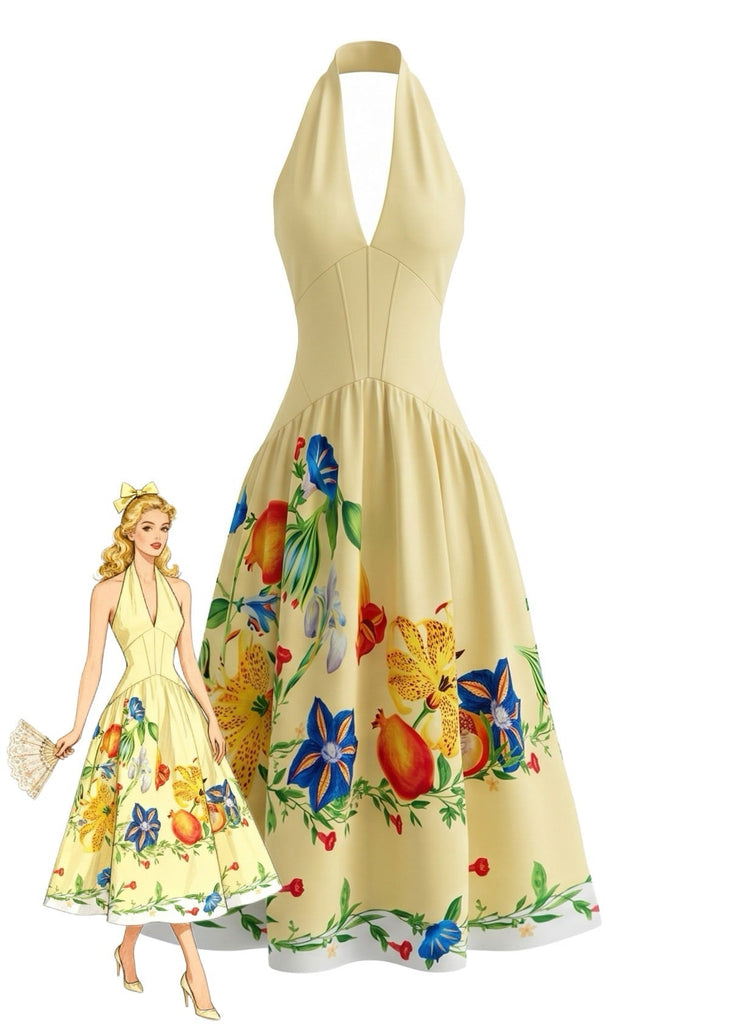 Gelbes 50er Kleid mit Neckholder und Blumen
