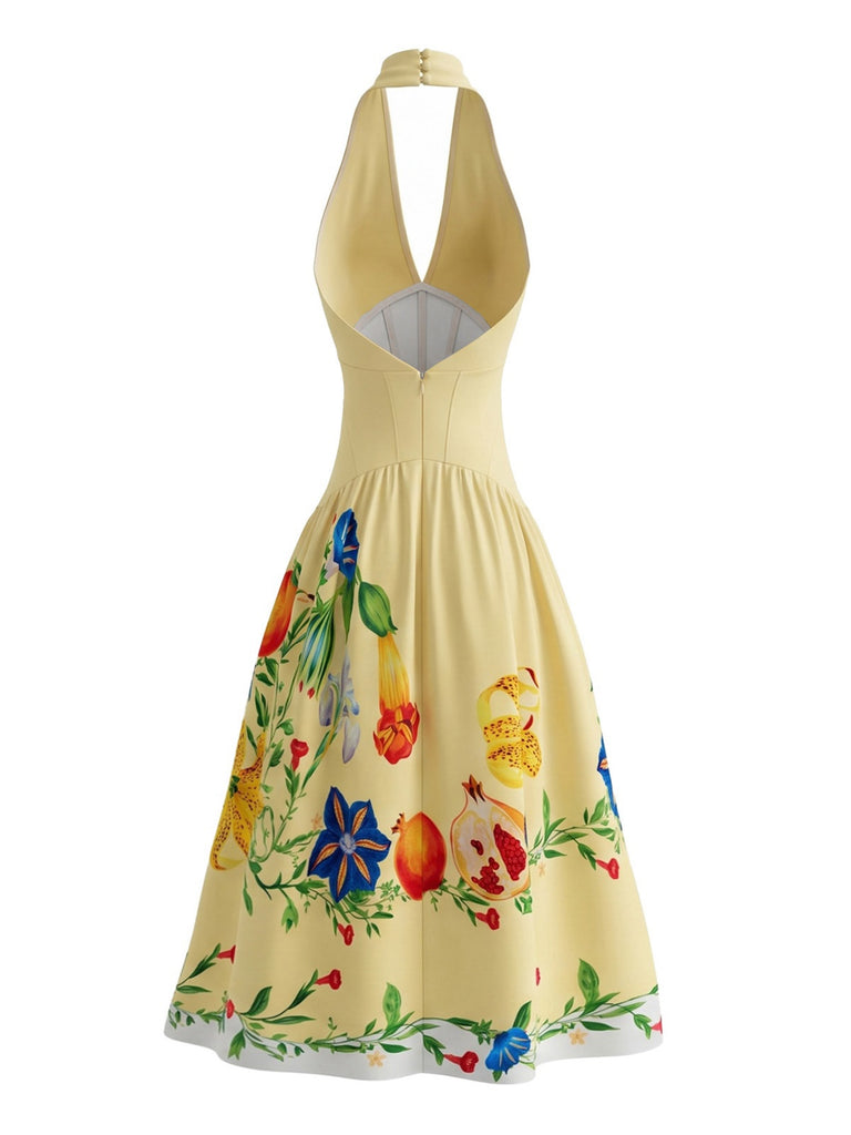Gelbes 50er Kleid mit Neckholder und Blumen