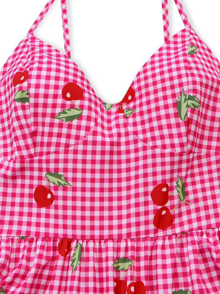Rosa 30er Maxikleid mit Gingham und Kirschen