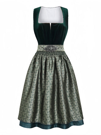 Grünes 50er Jacquard-Kleid mit Eckiger Ausschnitt und Samt