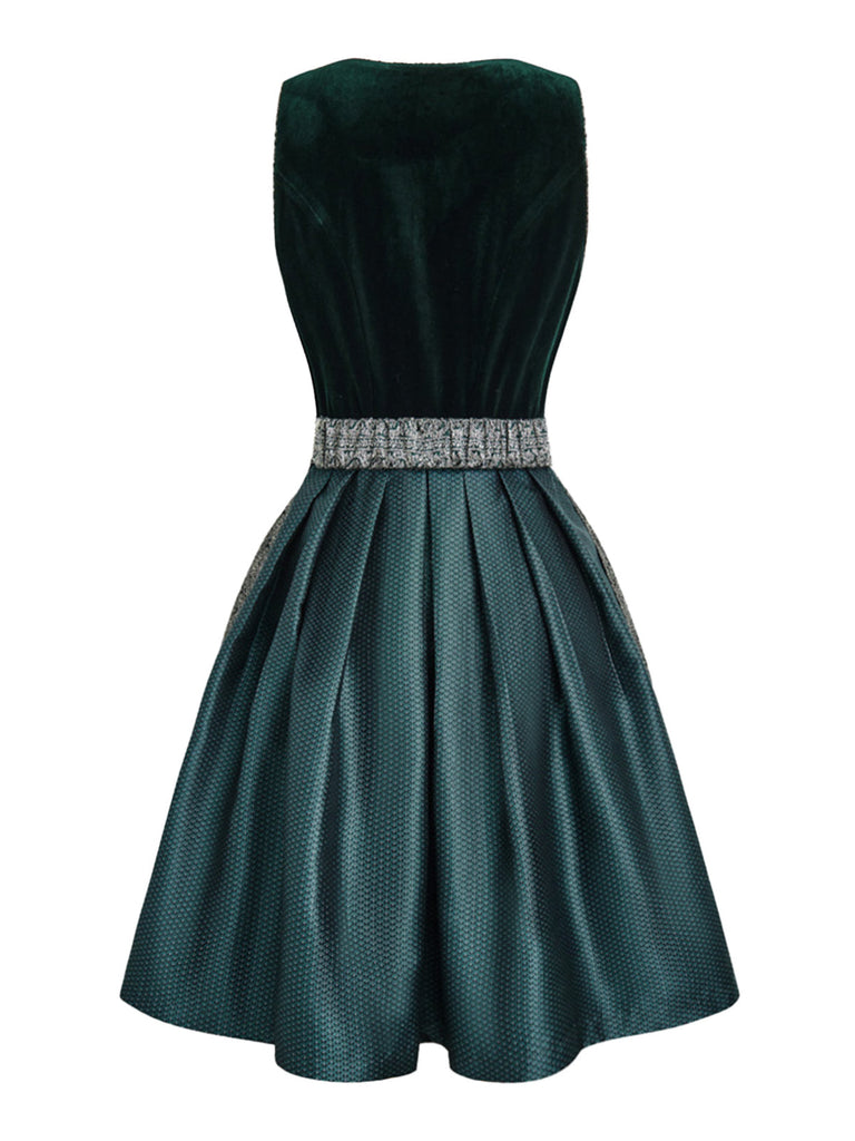 Grünes 50er Jacquard-Kleid mit Eckiger Ausschnitt und Samt