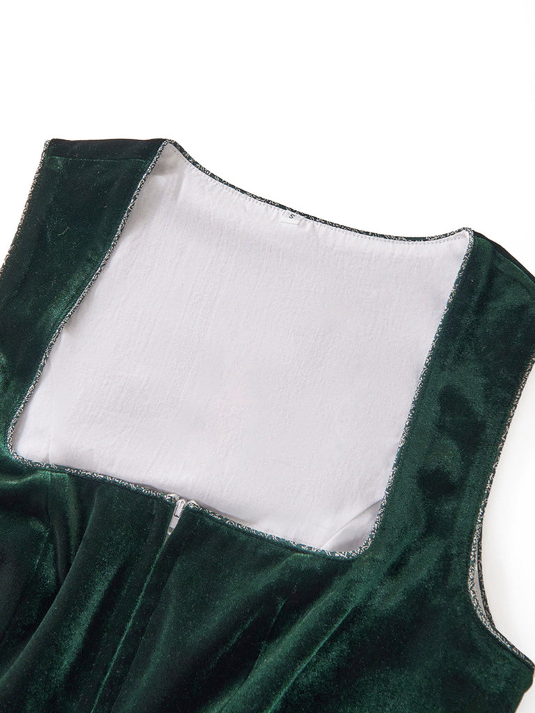 Grünes 50er Jacquard-Kleid mit Eckiger Ausschnitt und Samt