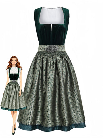 Grünes 50er Oktoberfest-Dirndl & Schürzen-Set mit Samt und Jacquardmuster