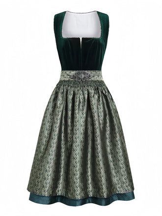 Grünes 50er Oktoberfest-Dirndl & Schürzen-Set mit Samt und Jacquardmuster