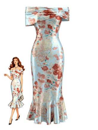 Hellblaues 30er Satin-Meerjungfrauenkleid mit Blumen