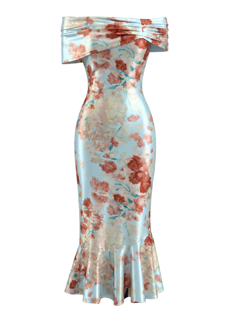 Hellblaues 30er Satin-Meerjungfrauenkleid mit Blumen