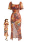 Braunes 30er Kleid mit Aquarell-Blumenprint und Puffärmeln