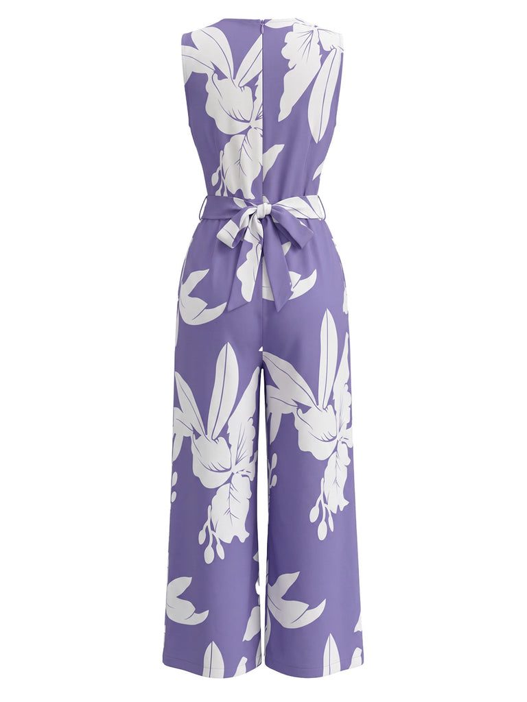 Lila 30er ärmelloser Jumpsuit mit Blumen-Print
