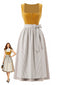 Gelbes 50er Oktoberfest-Dirndl-Set mit Streifenschürze und Karree-Ausschnitt