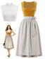 Gelbes 50er Oktoberfest-Dirndl-Set mit Streifenschürze und Spitzentop