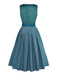 Blaugrünes 2-teiliges 50er Kleid mit Blumen-Schürze